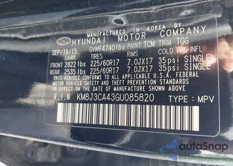 2016 Hyundai Tucson Se из США, поврежденный, VIN KM8J3CA43GU085820